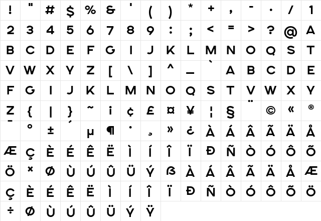 SONGER SemiExpanded Bold  glyph index