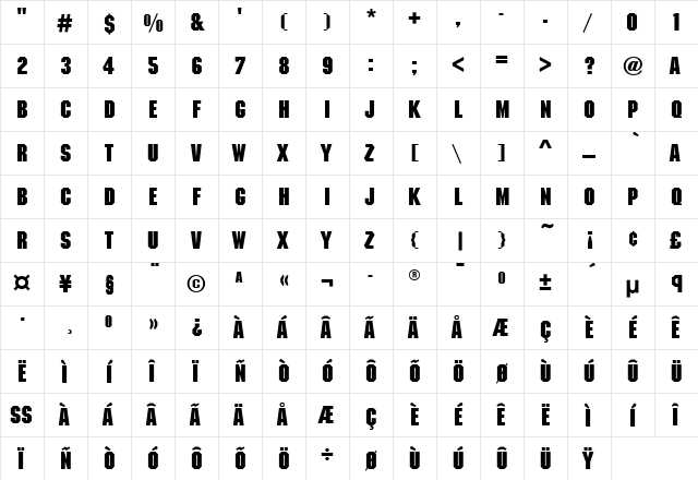 MachineITC Bold  glyph index