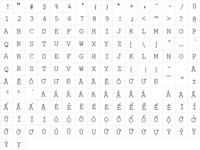 .VnCourier NewH Regular  glyph index
