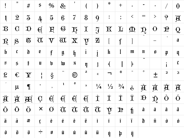Westminster Gotisch Regular  glyph index