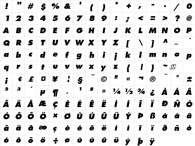 Kudos Black SSi Extra Bold Italic  glyph index