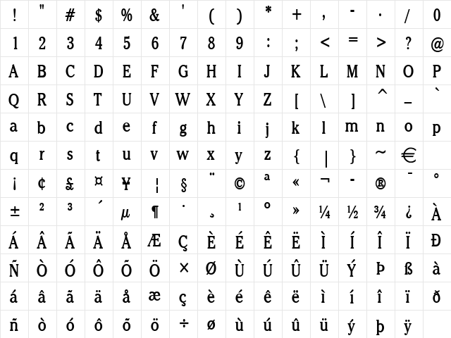 ChelseyCondensed Bold  glyph index