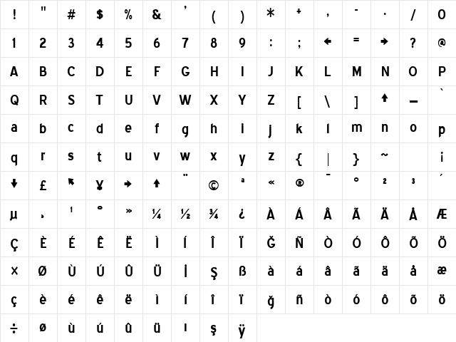 TR Blue Highway Bold  glyph index