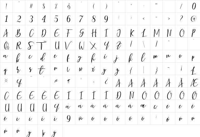 Berhilda Script Regular  glyph index