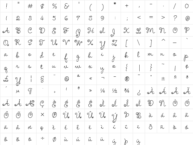 Amelie Regular  glyph index