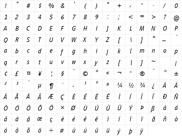 Vialog LT Com Light Italic  glyph index