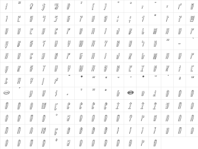 Swordtooth 3D Italic Italic  glyph index