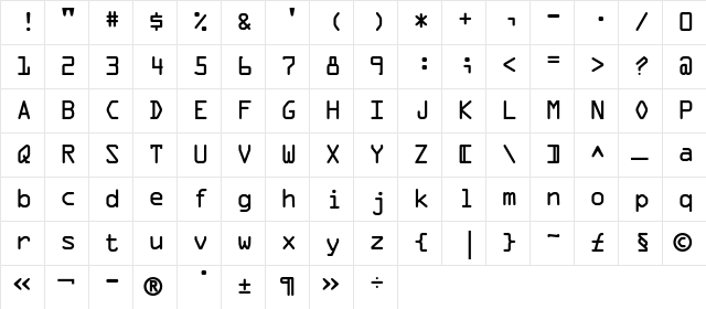 OCR OneC Regular  glyph index