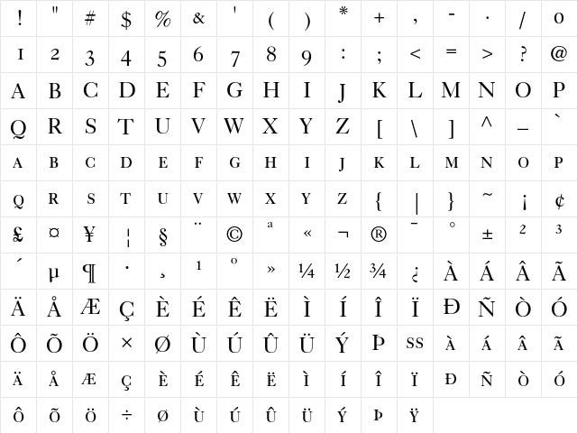 Caslon 540 Roman Small Caps & Oldstyle Figures  glyph index