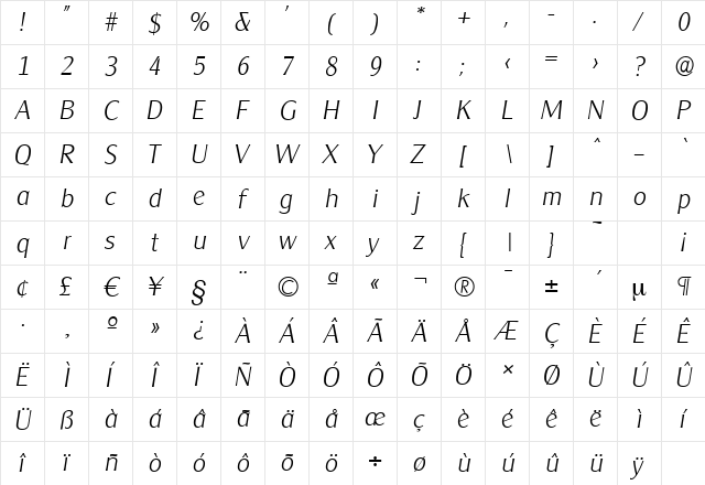 ClearGothicSerial-Xlight Italic  glyph index