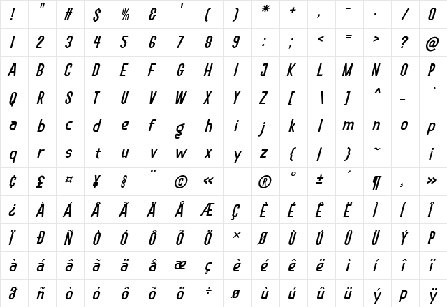 Soegja Italic  glyph index