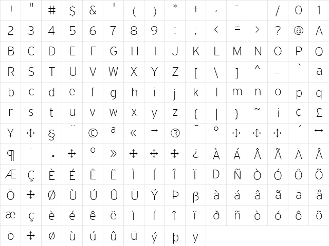 Interstate Regular  glyph index