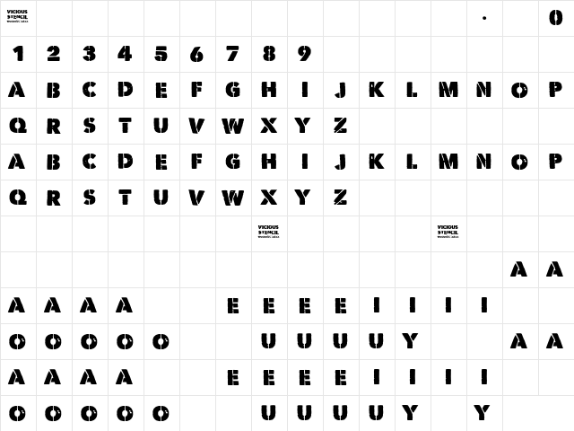 Vicious Stencil Regular  glyph index