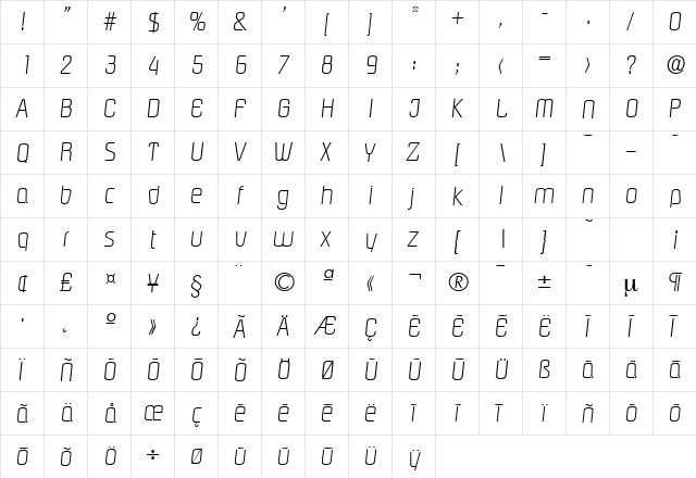 Pasadena-Serial-ExtraLight RegularItalic  glyph index