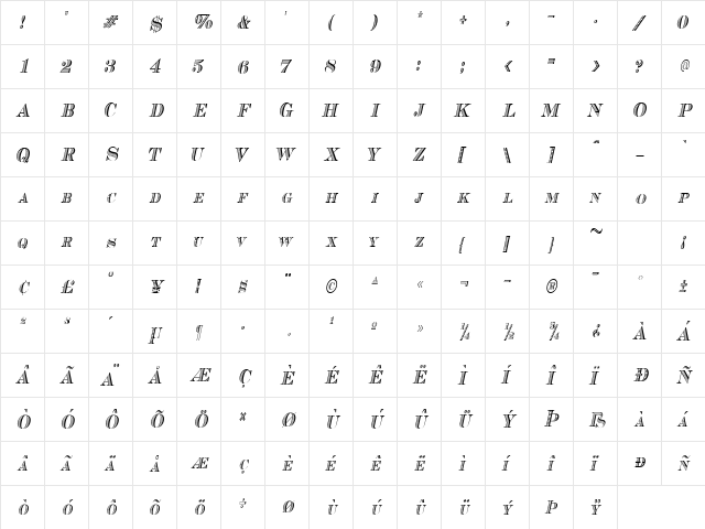 CashCondensed Italic  glyph index