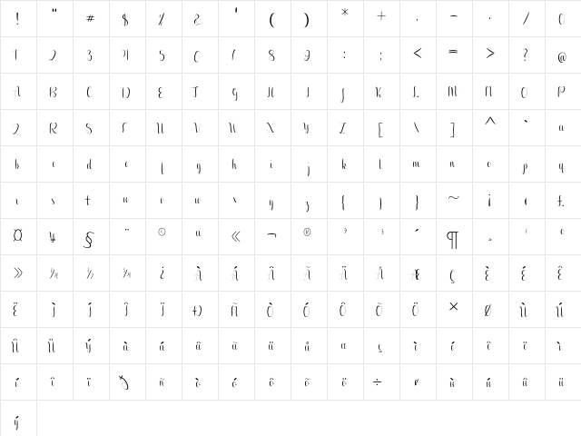 Aurelia regular Regular  glyph index