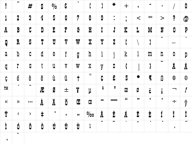 Stagecoach-Plain Regular  glyph index