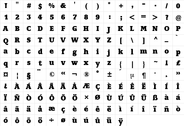 Marbrook BQ Bold  glyph index