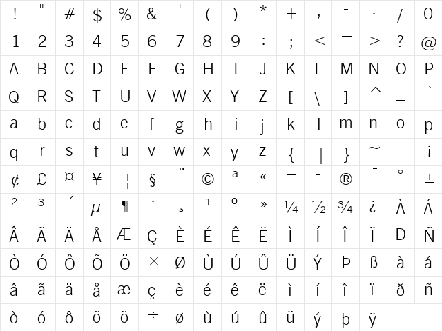 NewsGoth Lt BT Light  glyph index