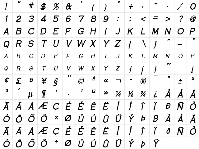 Cobalt-Condensed Bold Italic  glyph index