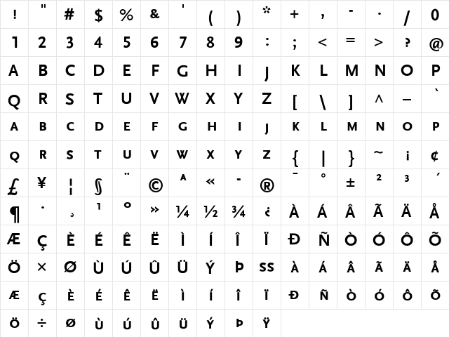 Scala Sans Bold  glyph index
