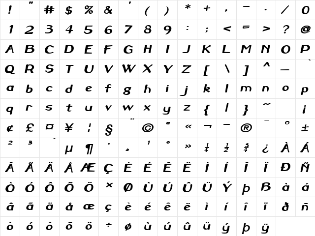 Savoy-Extended Bold Italic  glyph index