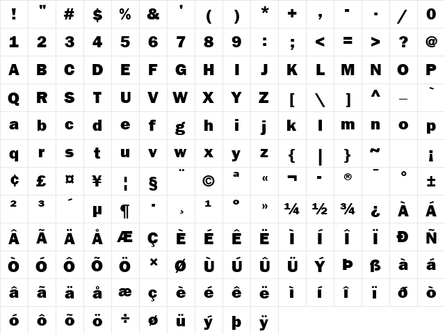ITC Franklin Gothic LT Com Heavy  glyph index