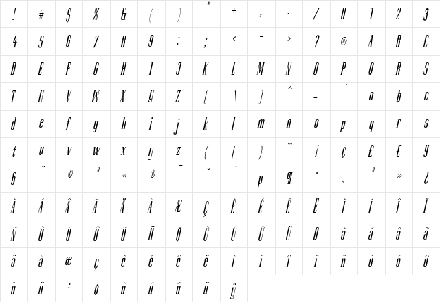 Slim Kim Plain Italic  glyph index