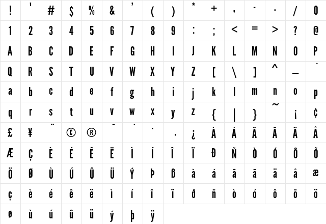League Gothic Regular  glyph index