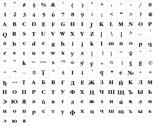 Classic Russian Bold  glyph index