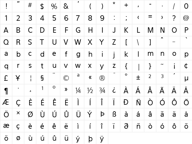 Eau Sans Book  glyph index