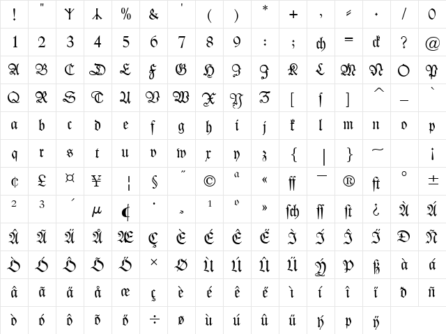 Kleist-Fraktur Zierbuchstaben Regular  glyph index