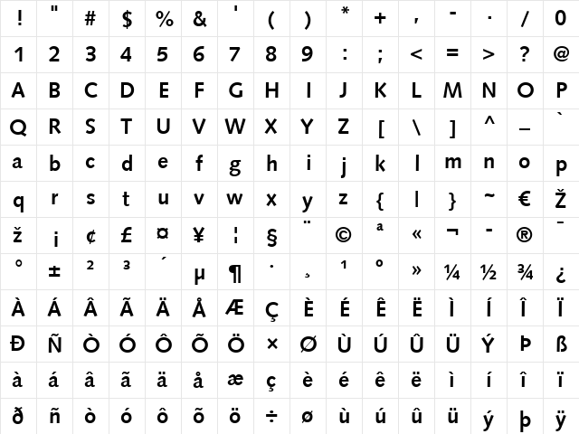 Syntax LT Bold  glyph index