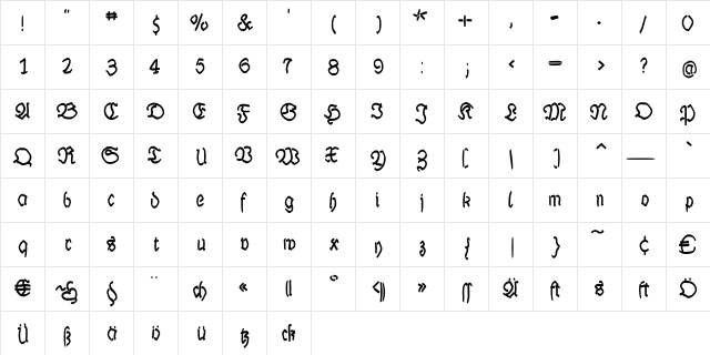 LutherMousedrawn-Bold Regular  glyph index