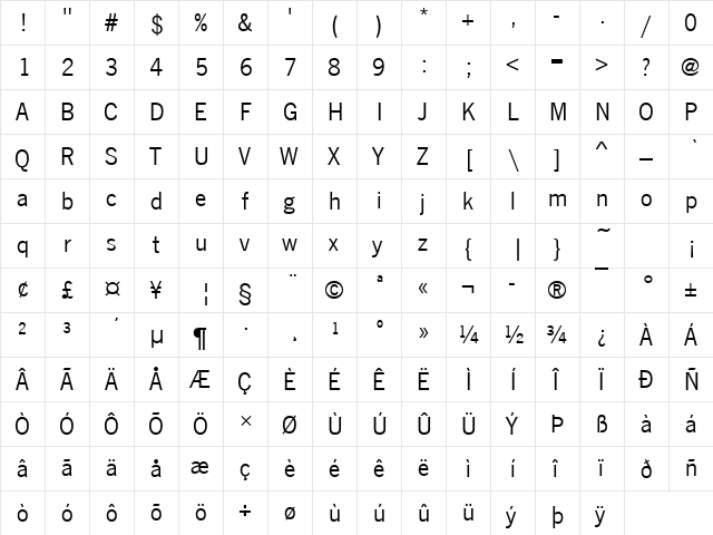 News Gothic Becker Regular  glyph index