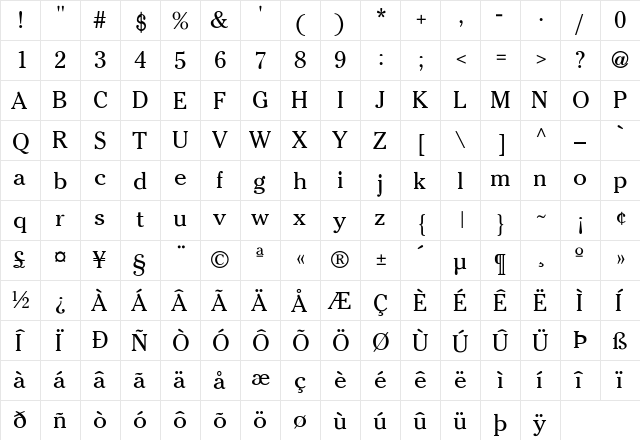 Nottingham Lite Regular Regular  glyph index