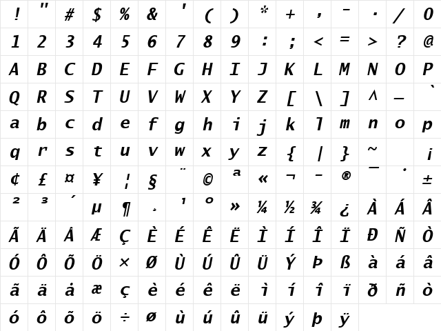 Tangerine 3 Bold Oblique  glyph index