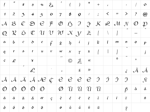 Cardigan Regular  glyph index