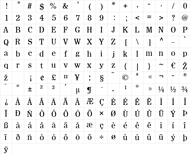 ExcelsiorInsertio LT Regular  glyph index