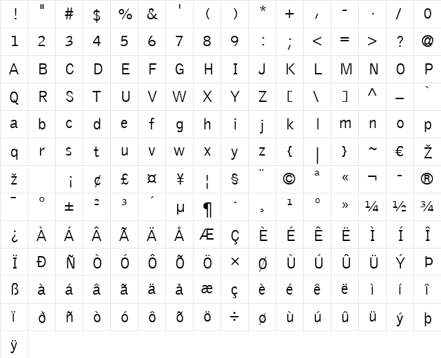 Bell Gothic Light Regular  glyph index