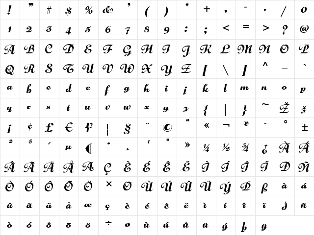 Pismo Clambake NF Regular  glyph index