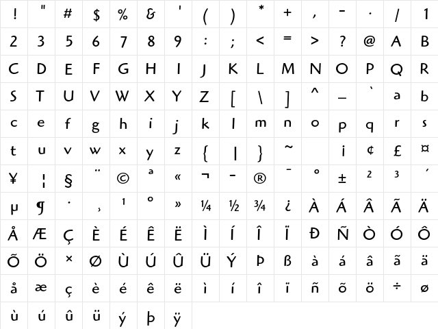 Highlander ITC Std Book  glyph index
