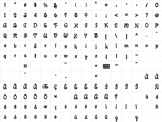 Topeka Bold  glyph index