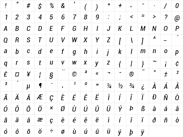 Roboto Condensed Italic  glyph index
