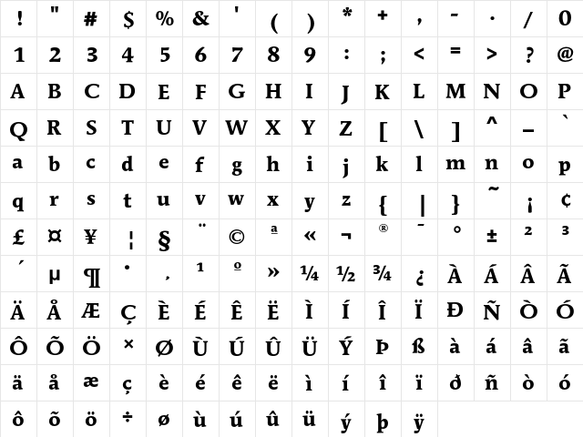 MendozaEF Bold  glyph index