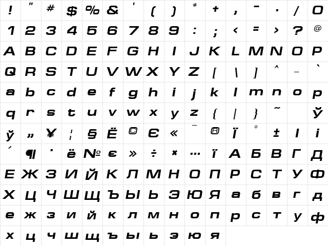 EuropeExt Bold Italic  glyph index