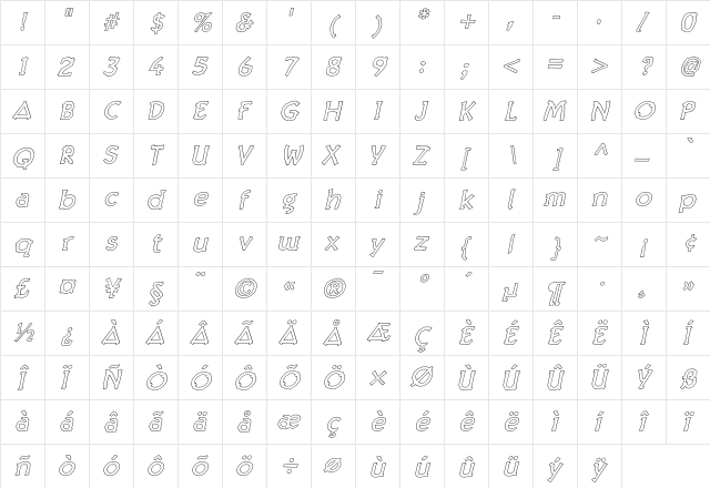 Twig Bold Inline Oblique Regular  glyph index