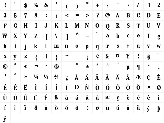 ITC Cheltenham Std Bold Condensed  glyph index