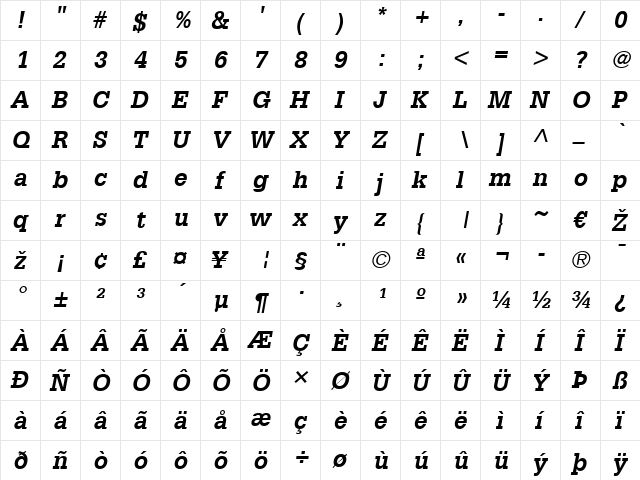 Glypha LT Bold Italic  glyph index