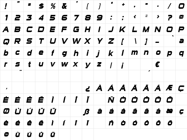 Sui Generis Bold Italic  glyph index